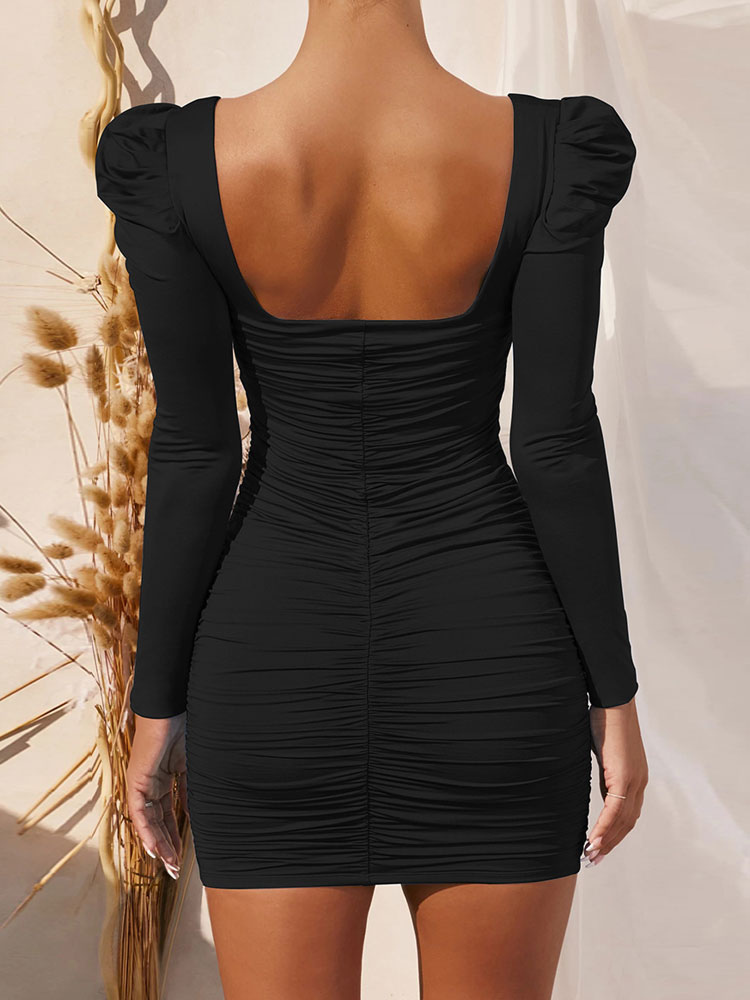 Women's Clothing Dresses | Black Bodycon Dress Sexy Square Neck Long Sleeve Ruched Short Wrap Dresses For Women - TO77606