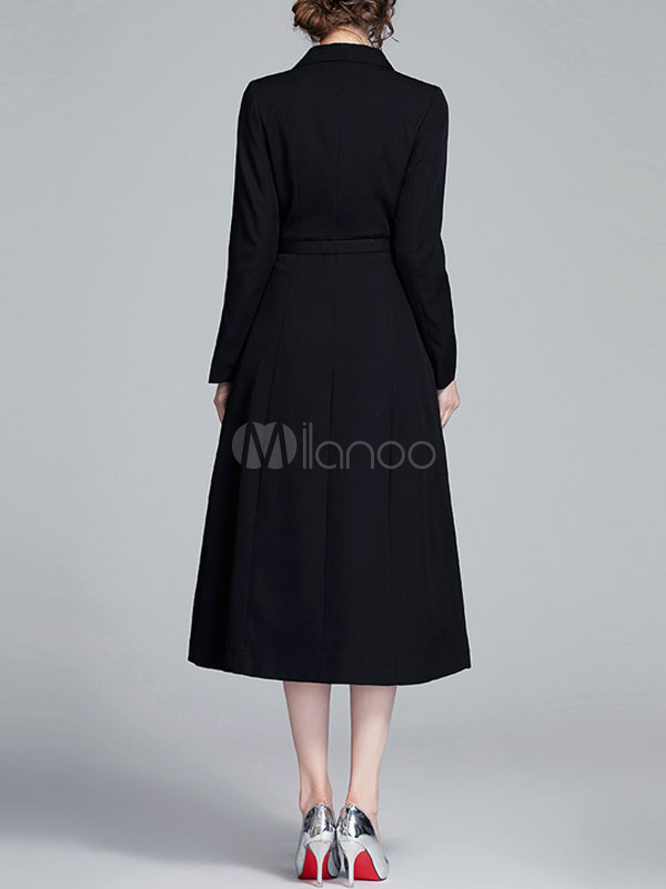 Long Blazer Coats Black Turndown Collar Long Sleeves Buttons Maxi Dress