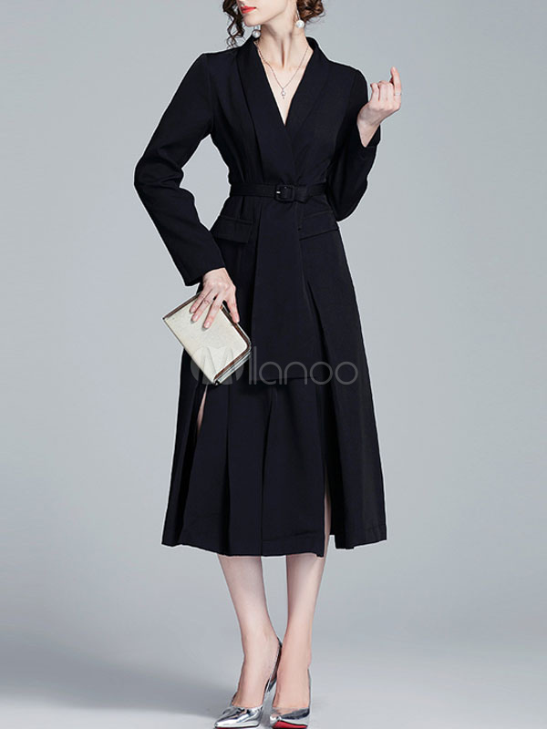 Long Blazer Coats Black Turndown Collar Long Sleeves Buttons Maxi Dress
