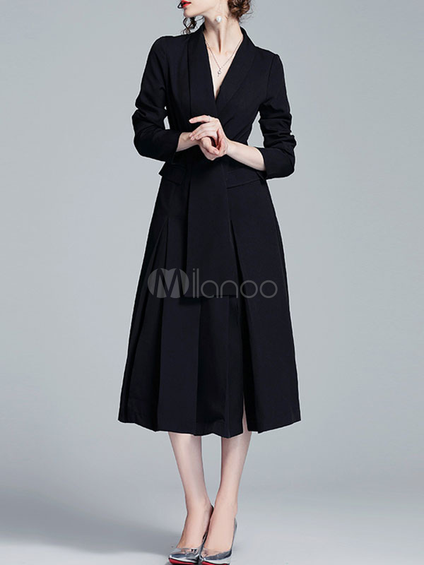 Long Blazer Coats Black Turndown Collar Long Sleeves Buttons Maxi Dress