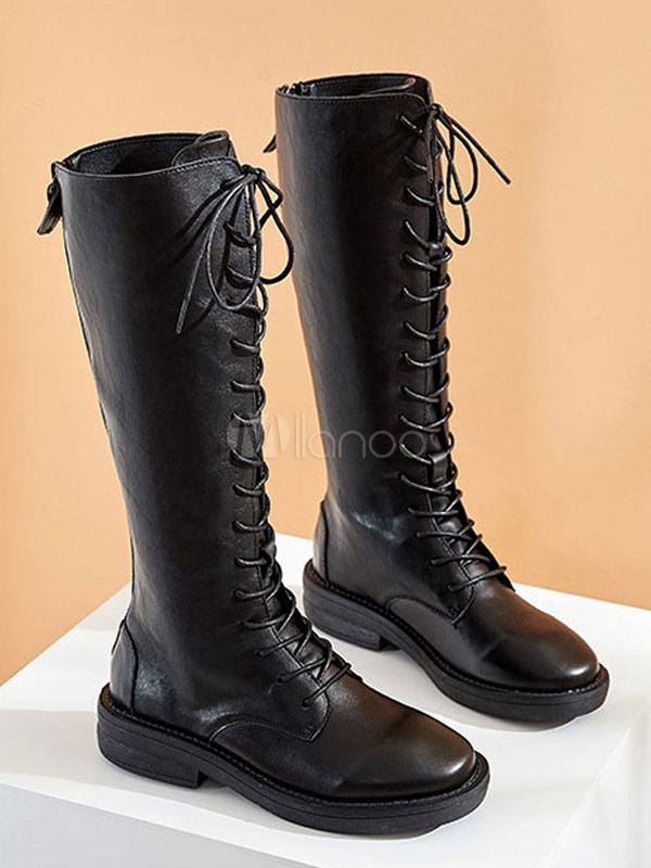 Black Combat Boots Black Round Toe Lace 