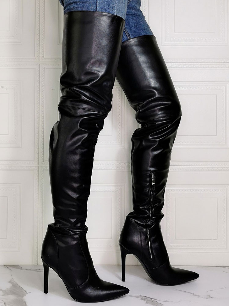 black pointed thigh high boots