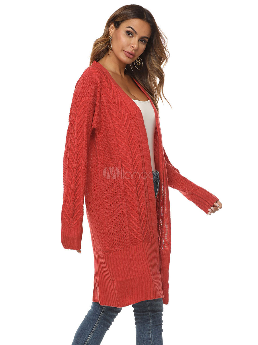 Orange Sweaters Cardigans Women Long Sleeves VNeck Long Sweaters