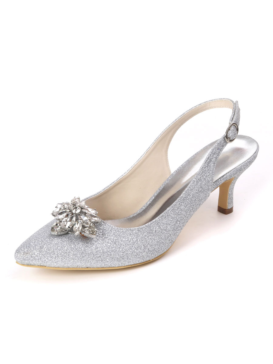 Shoes Occasion Shoes | Women's Rhinestone Glitter Slingback Kitten Wedding Pumps - IO86706