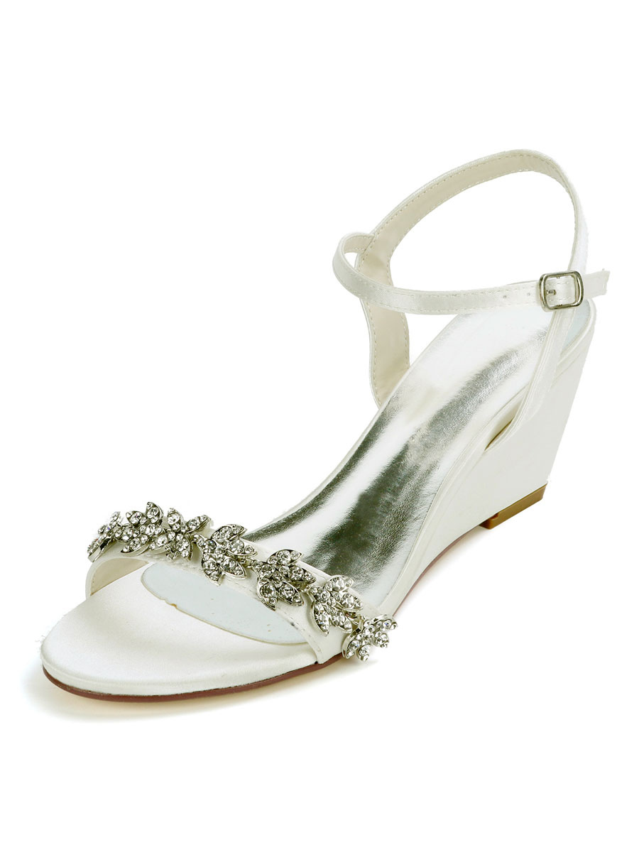 Ivory Wedding Shoes Satin Rhinestones Open Toe Wedge Heel Bridal Shoes ...