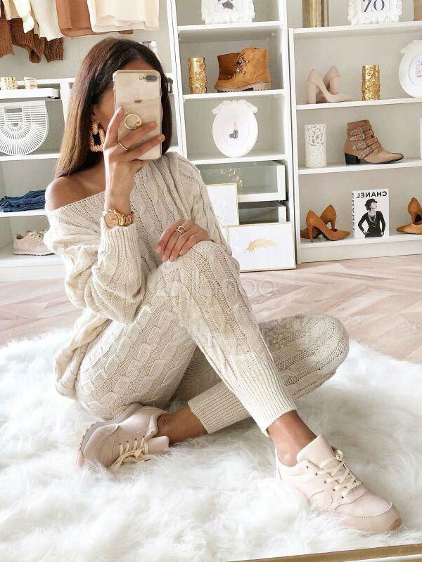 Maglione Outfit due set pezzo delle donne bianco acrilico Jewel collo  Maniche lunghe geometriche Classic - Milanoo.com