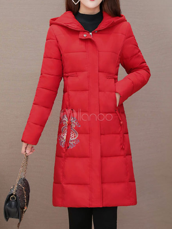 red long puffer jacket