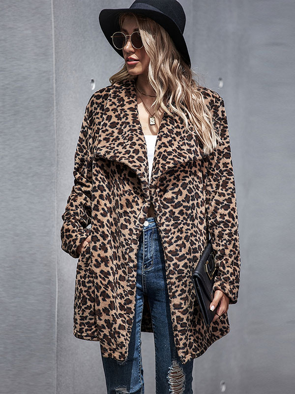 Moda Mujer Chaquetas | Abrigos de mujer Abrigo de cuello vuelto con estampado de leopardo Botones Abrigo cruzado de camello asimétrico informal - YM61942