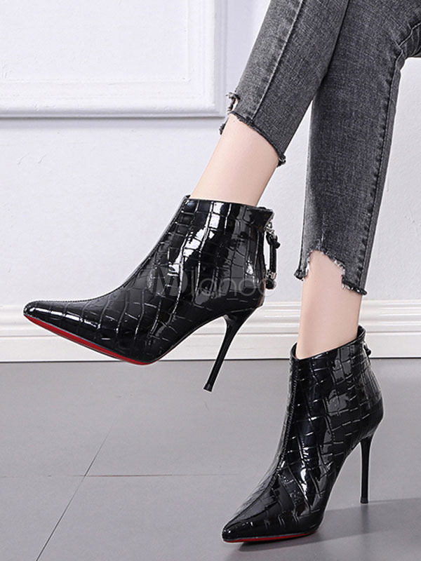 Women Ankle Boots Black Leather Pointed Toe Stiletto Heel Booties ...