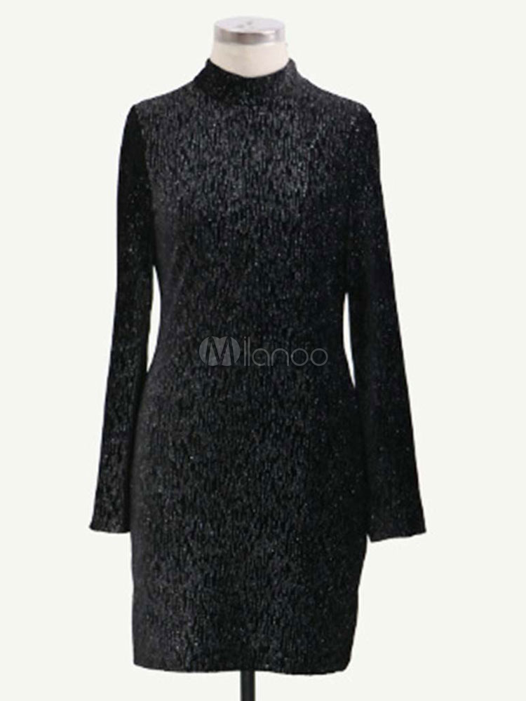Women's Club Dress Black Jewel Neck Long Sleeves Polyester Sexy Dress