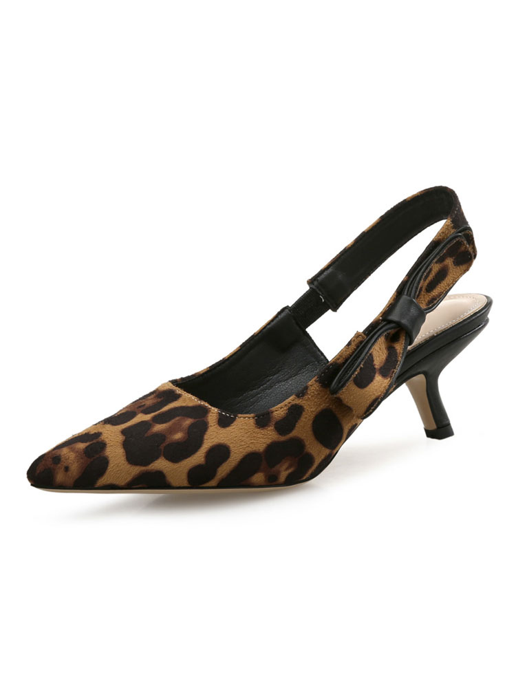 Women's Brown Slingback Heels Leopard Print Pointed Toe Kitten Heel ...