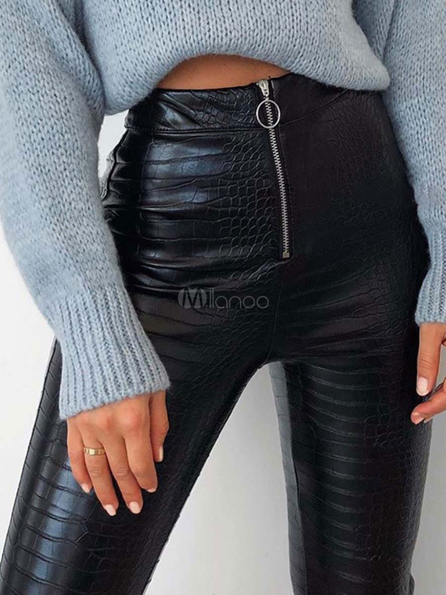 Women's Pants Black Zipper Leather Raised Casual Waist Trousers