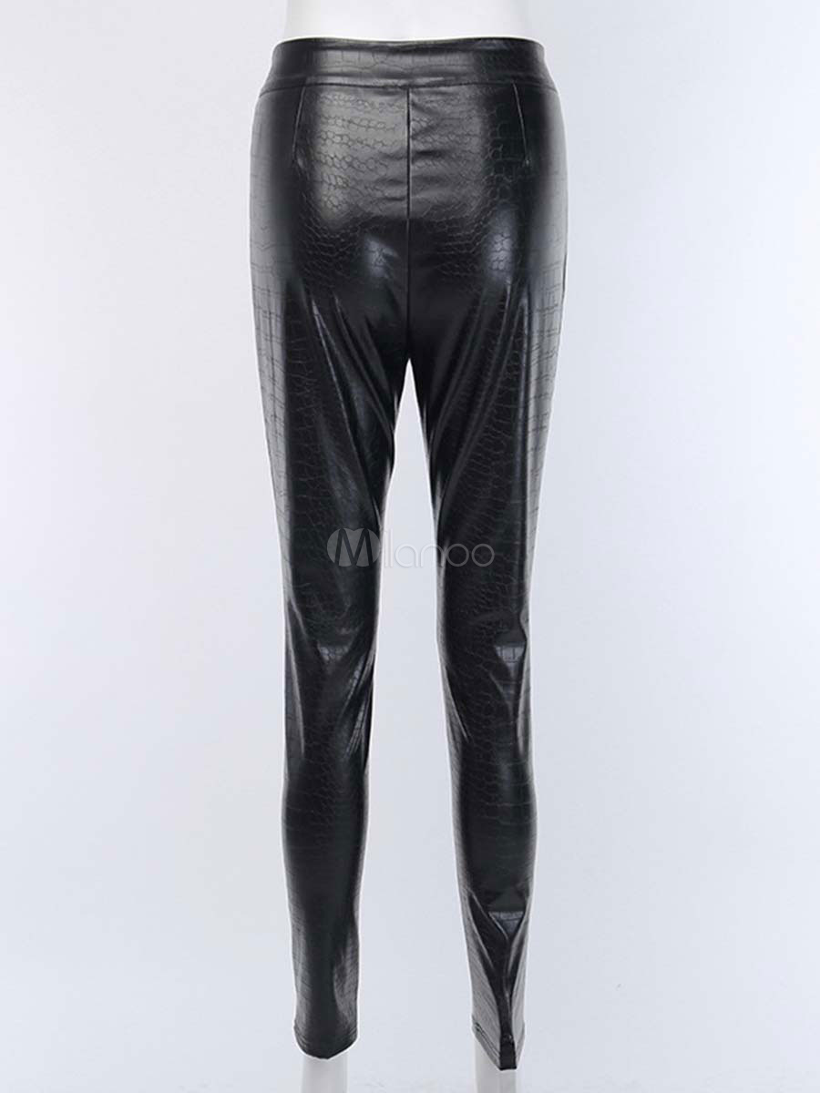 Women's Pants Black Zipper Leather Raised Casual Waist Trousers