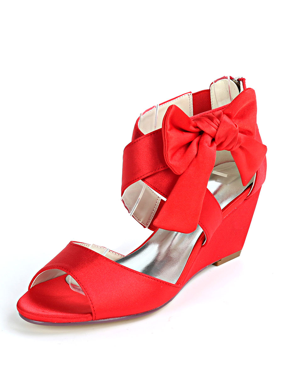 Chaussures Chaussures de Circonstance | Sandales de mariée rouge en satin décoré de noeud chaussures de mariage rouge - VH00400