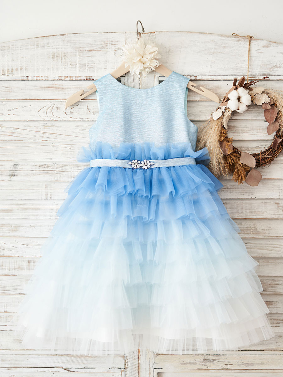 Boda Vestidos de banquete | Vestidos de niña de las flores Azul Cuello joya Sin mangas Faja de tul Vestidos de fiesta para niños - GT81935