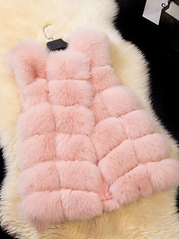 Women's Clothing Outerwear | Women Coats Pink Sleeveless Faux Fur Coat Layered Winter Coat - XH26953