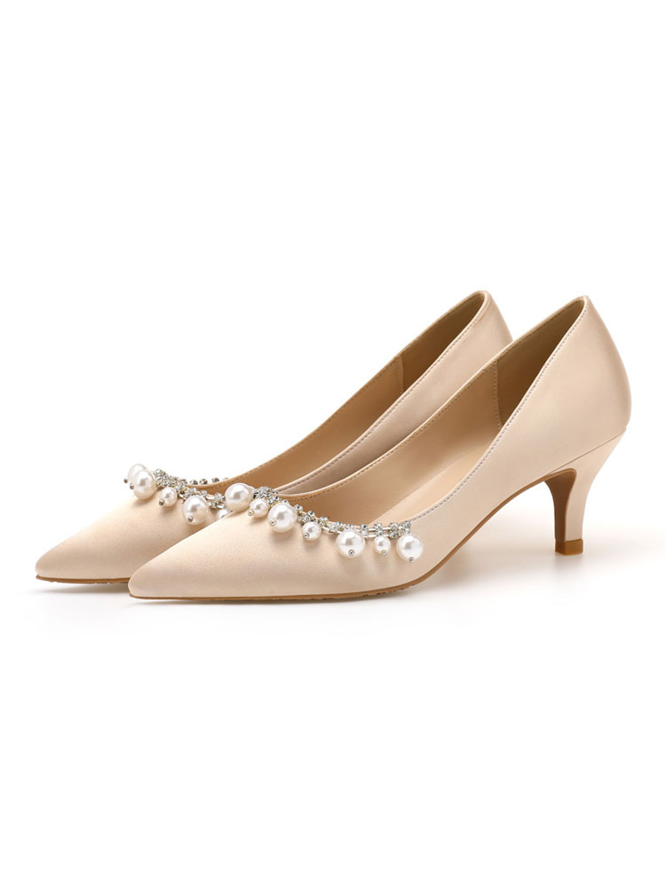 Zapatos de tacón medio-bajo para mujer, elegantes, puntiagudos, con tacón de gatito, cordones, bonitas perlas, zapatos de blancos para boda - Milanoo.com