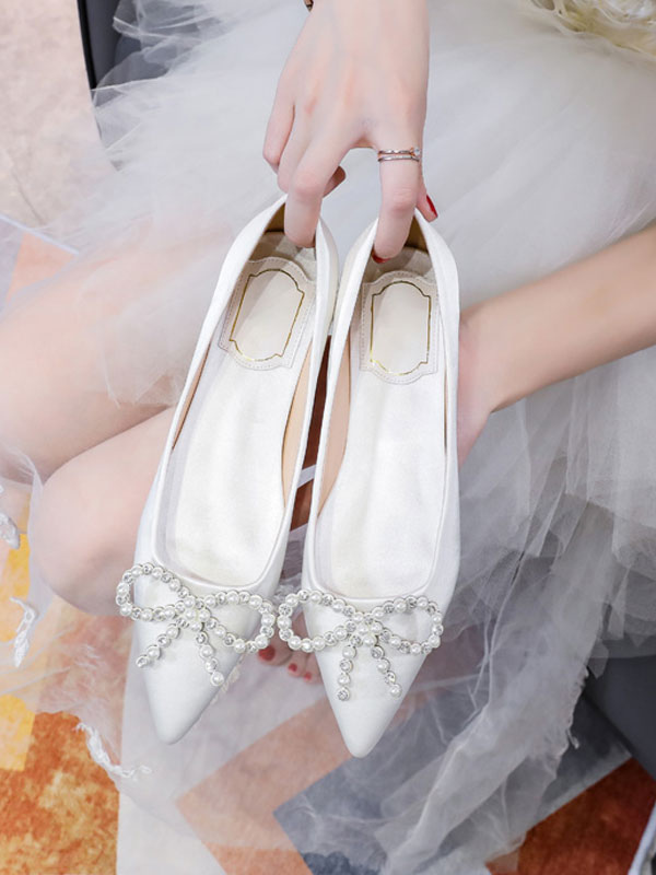 Shoes Occasion Shoes | Women's Pearl Bow Wedding Flats - PM81288