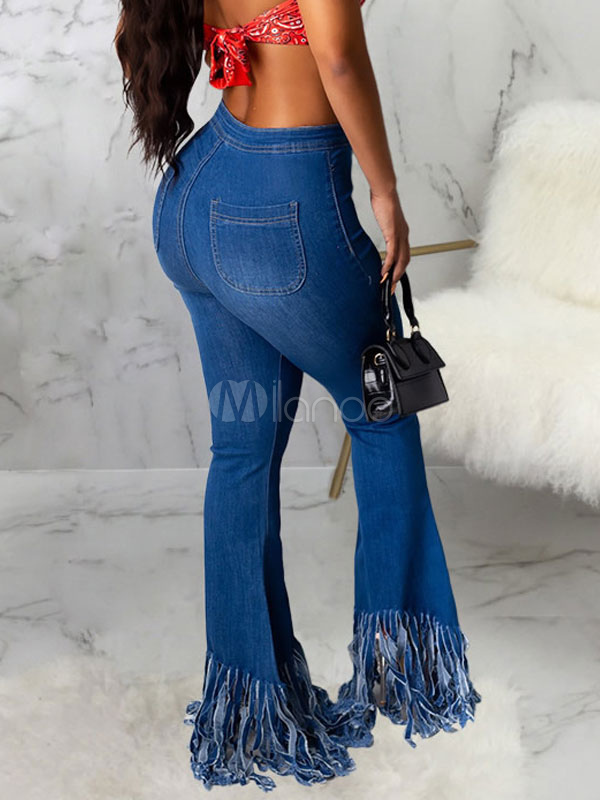 Damen Jeans Blue Cool Flared Denim Lassige Lange Jeans Hose Milanoo Com