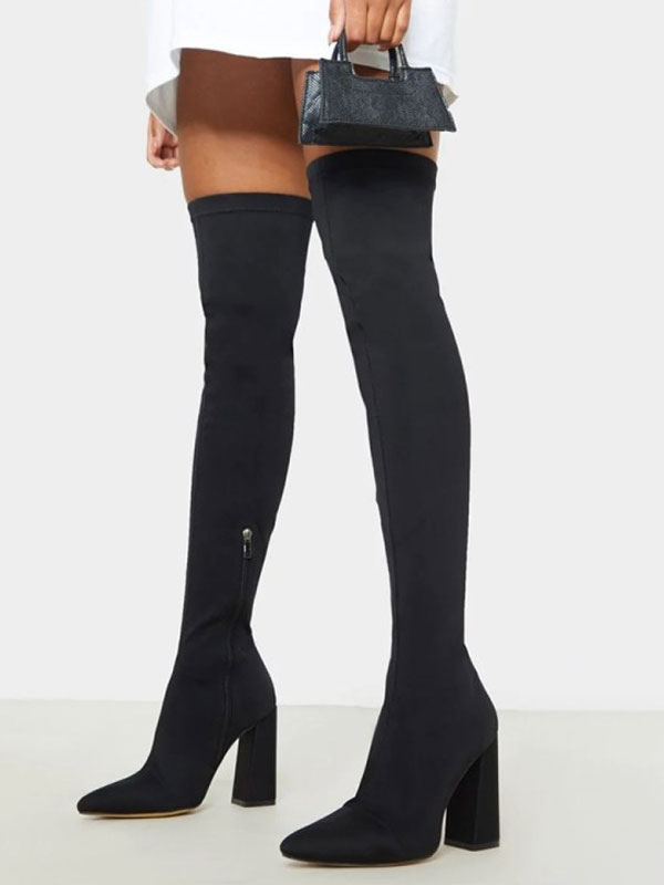 Botas por encima de la rodilla para mujer, tela elástica, punta negra, tacones altas el muslo - Milanoo.com