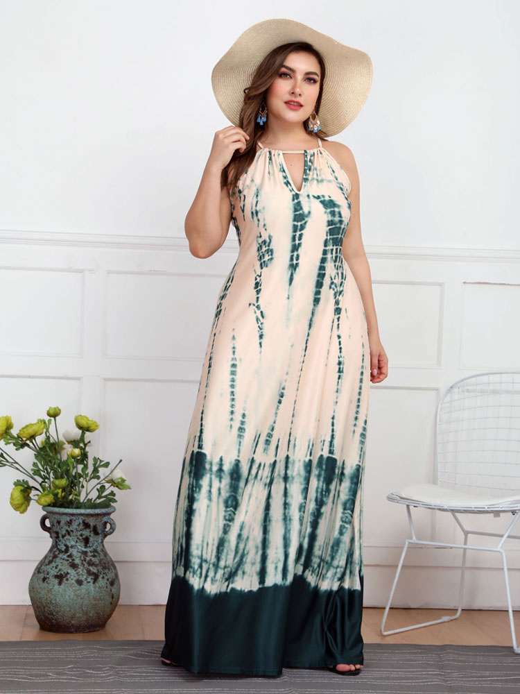 Women's Bohemian Dresses Plus Size Clothes Floral Print Backless Green