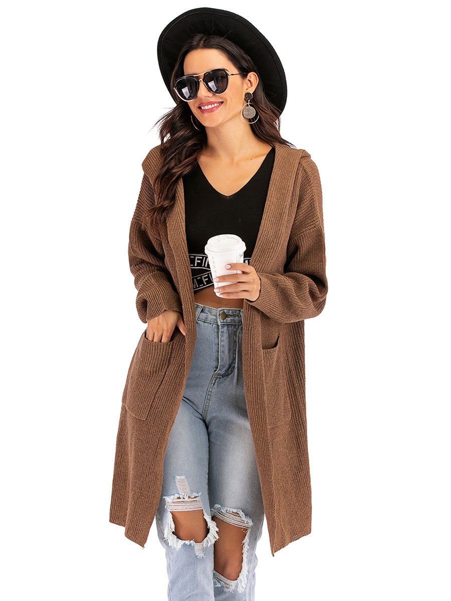 Women's Clothing Sweaters & Cardigans | Women Sweaters Cardigans Coffee Brown Polyester Long Sleeves Hooded Winter Coats Outerwe