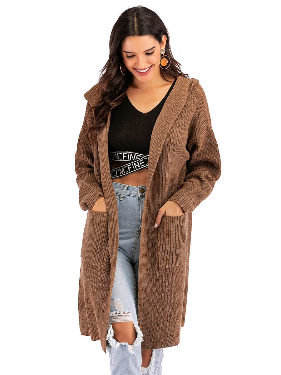 Women's Clothing Sweaters & Cardigans | Women Sweaters Cardigans Coffee Brown Polyester Long Sleeves Hooded Winter Coats Outerwe