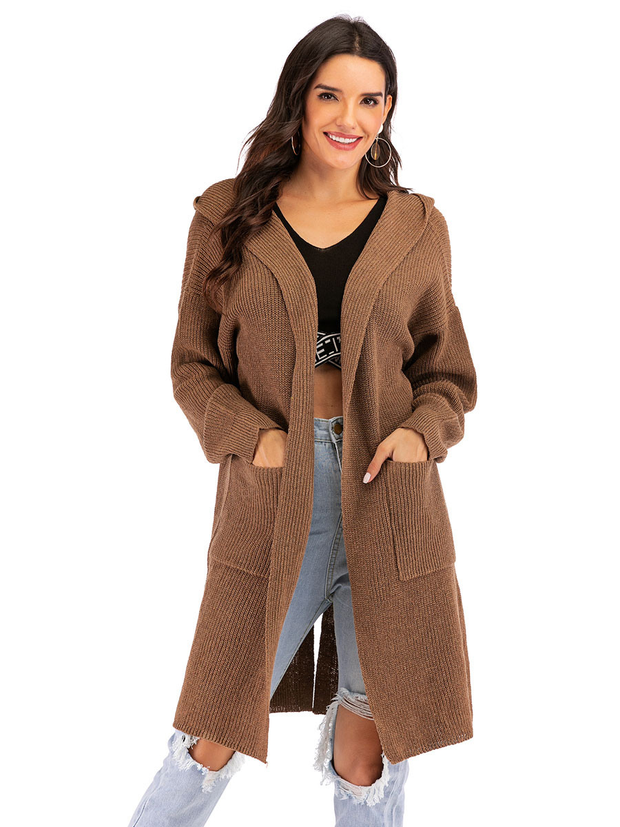 Women's Clothing Sweaters & Cardigans | Women Sweaters Cardigans Coffee Brown Polyester Long Sleeves Hooded Winter Coats Outerwe