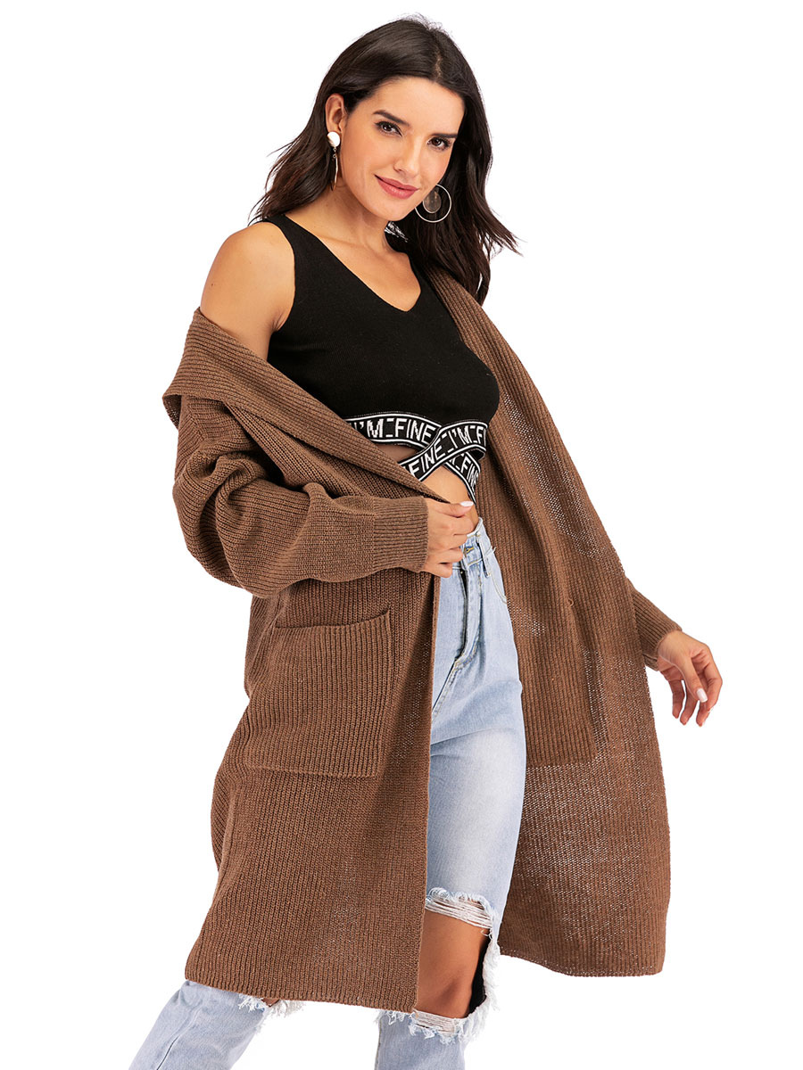 Women's Clothing Sweaters & Cardigans | Women Sweaters Cardigans Coffee Brown Polyester Long Sleeves Hooded Winter Coats Outerwe