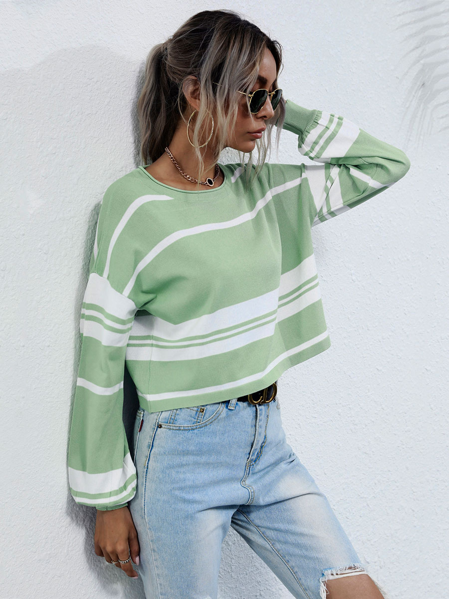 Women's Clothing Sweaters & Cardigans | Women Pullovers Light Green Stripes Jewel Neck Long Sleeves Polyester Cotton Sweaters - 