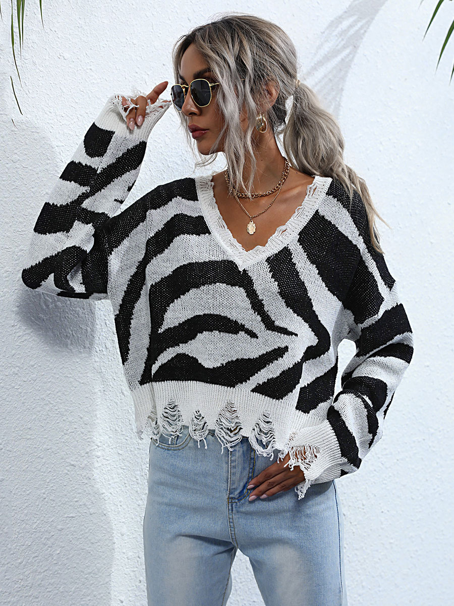 Women's Clothing Sweaters & Cardigans | Women Pullover Sweater Black White Split Color Zebra Print V-Neck Long Sleeves Polyester