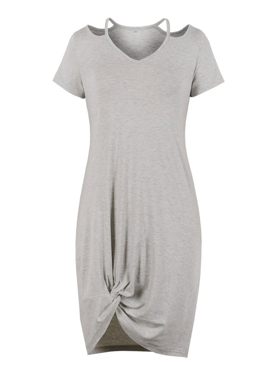 Women's Clothing Dresses | Women T-Shirt Dresses Light Gray Polyester Short Sleeves V-Neck Knee Length Asymmetrical Summer Dress - XC58295