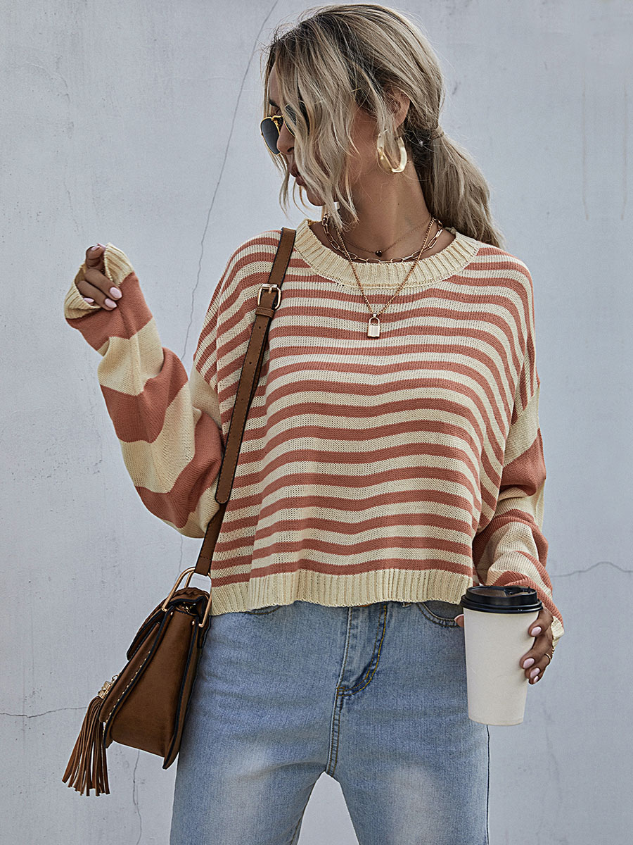 Women's Clothing Sweaters & Cardigans | Women Pullovers Orange Stripes Jewel Neck Long Sleeves Cotton Sweaters - NG95392