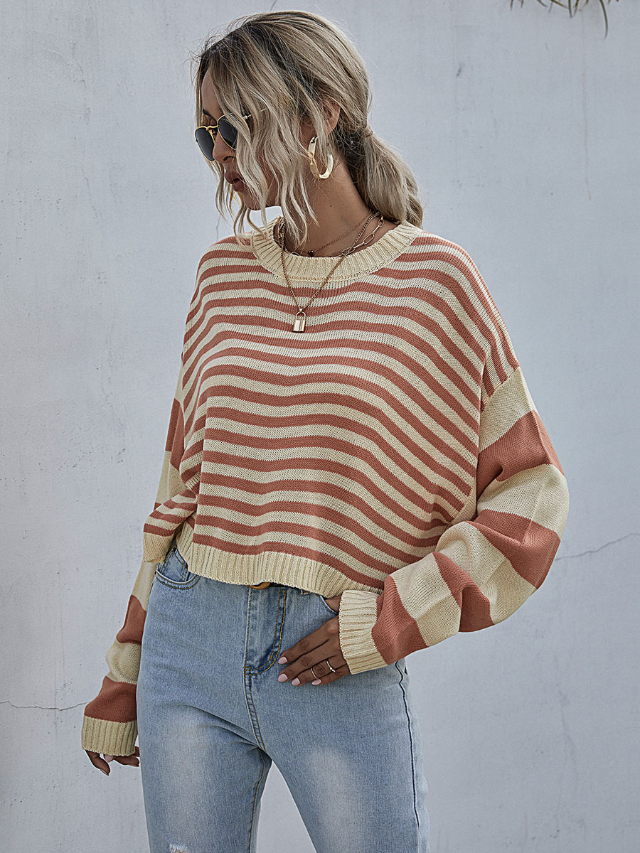 Women's Clothing Sweaters & Cardigans | Women Pullovers Orange Stripes Jewel Neck Long Sleeves Cotton Sweaters - NG95392