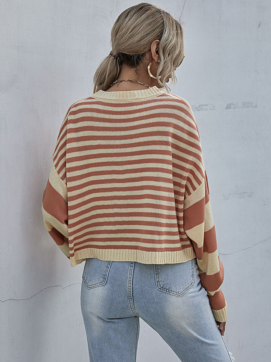 Women's Clothing Sweaters & Cardigans | Women Pullovers Orange Stripes Jewel Neck Long Sleeves Cotton Sweaters - NG95392