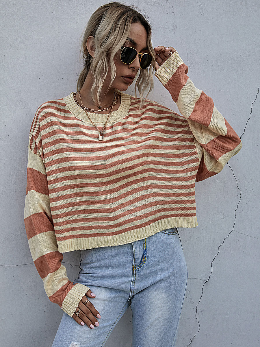 Women's Clothing Sweaters & Cardigans | Women Pullovers Orange Stripes Jewel Neck Long Sleeves Cotton Sweaters - NG95392