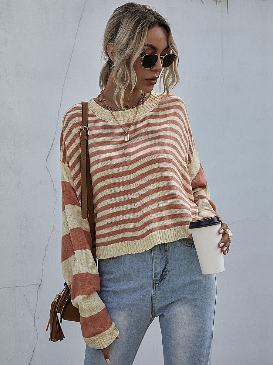 Women's Clothing Sweaters & Cardigans | Women Pullovers Orange Stripes Jewel Neck Long Sleeves Cotton Sweaters - NG95392