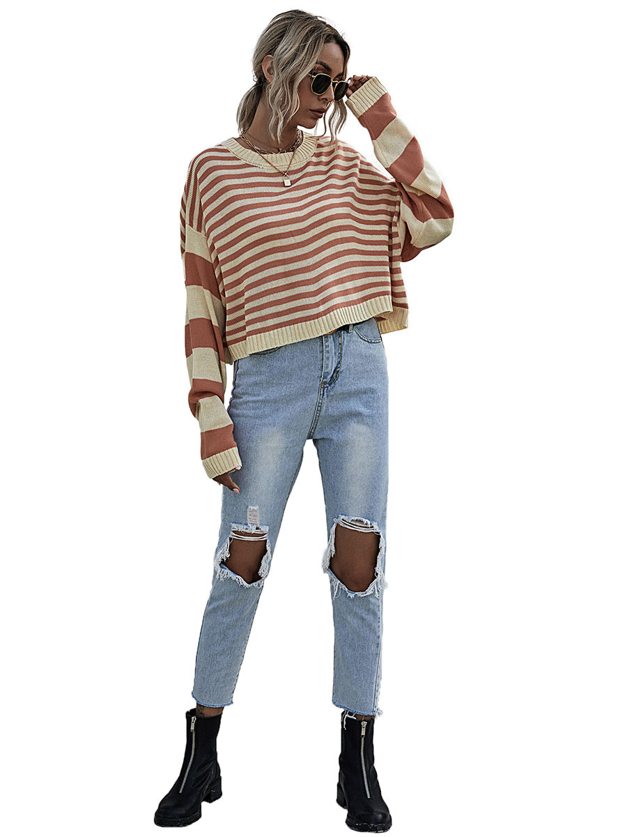 Women's Clothing Sweaters & Cardigans | Women Pullovers Orange Stripes Jewel Neck Long Sleeves Cotton Sweaters - NG95392