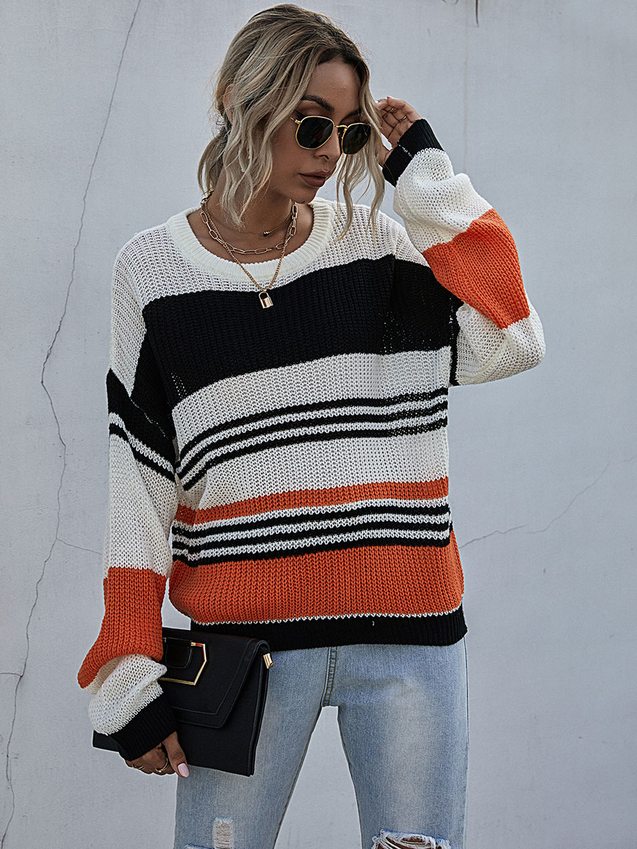 Women's Clothing Sweaters & Cardigans | Women Pullover Sweater Orange Stripes Color Block Jewel Neck Long Sleeves Cotton Sweater