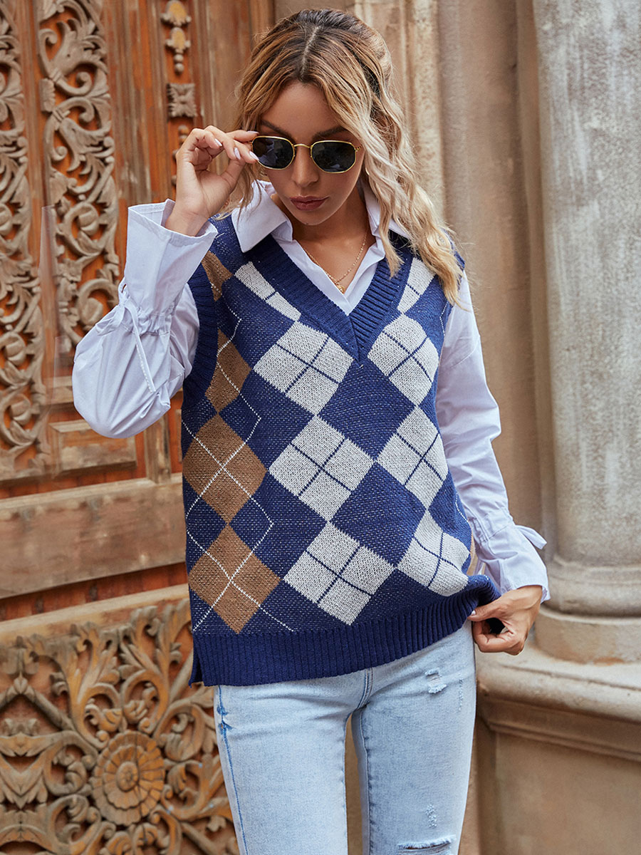 Women's Pullovers Royal Blue Plaid V-Neck Long Sleeves Polyester ...