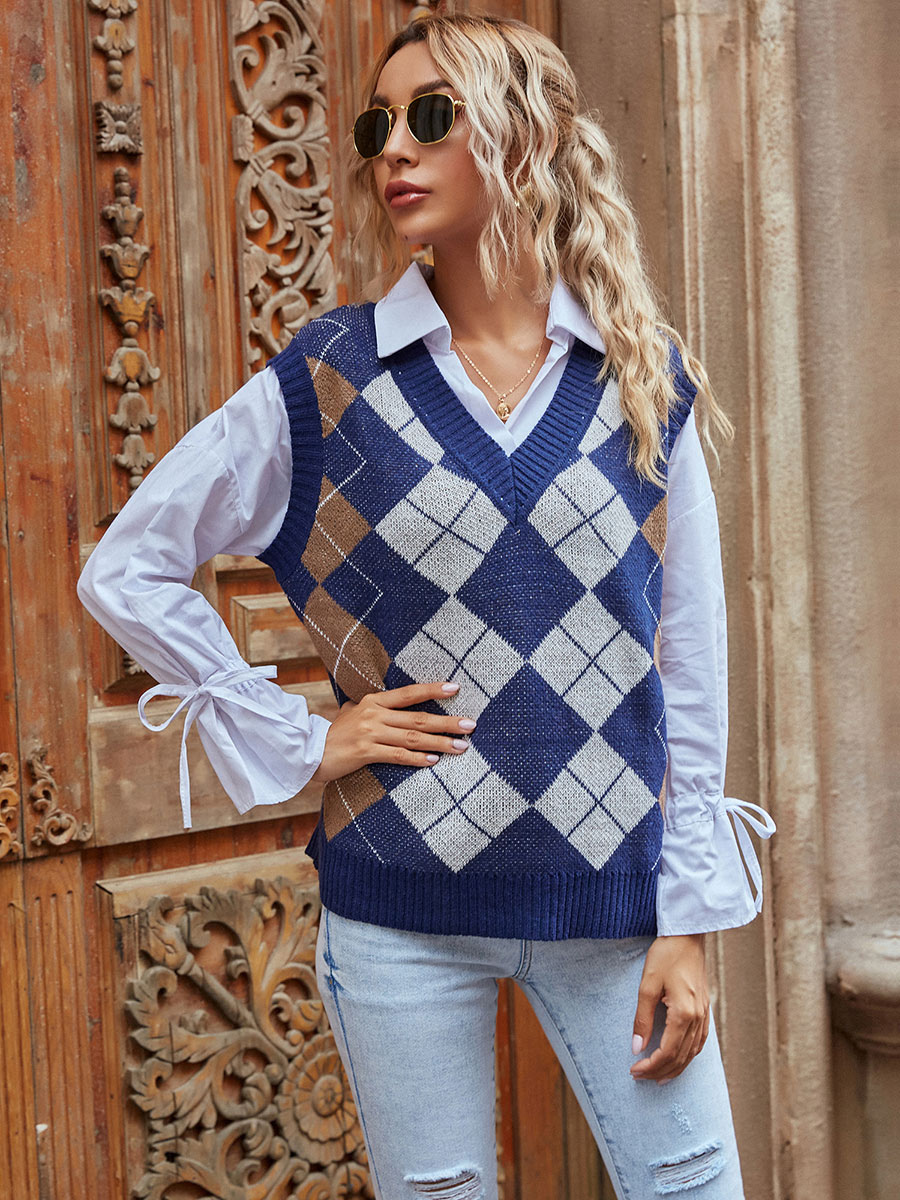 Women's Pullovers Royal Blue Plaid VNeck Long Sleeves Polyester