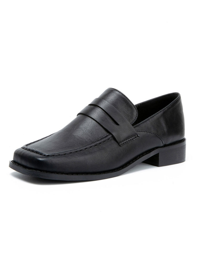 Women's Loafers Black Leather Square Toe Split Sole Academic Casual ...