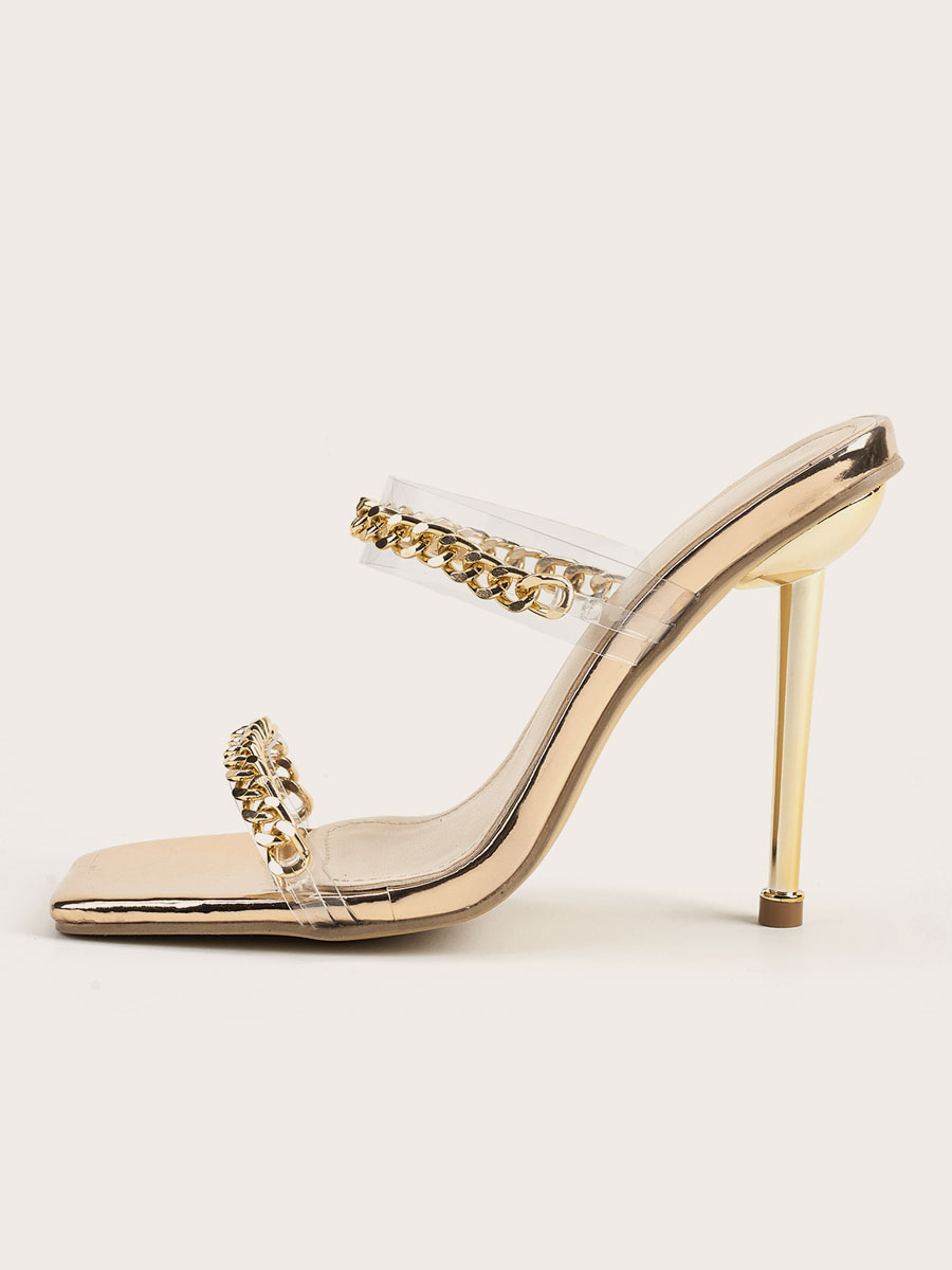 Chaussures Chaussures femme | Sandales à talon haut pantoufle d'été or décoré de métal - FM62084