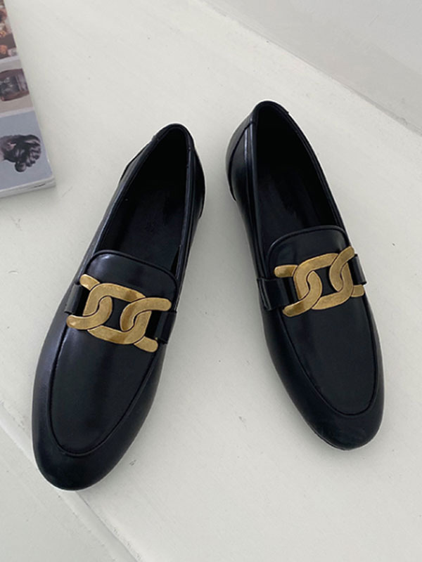 Women Black Leather Loafers Round Toe Metal Details Casual Slip on Flat ...