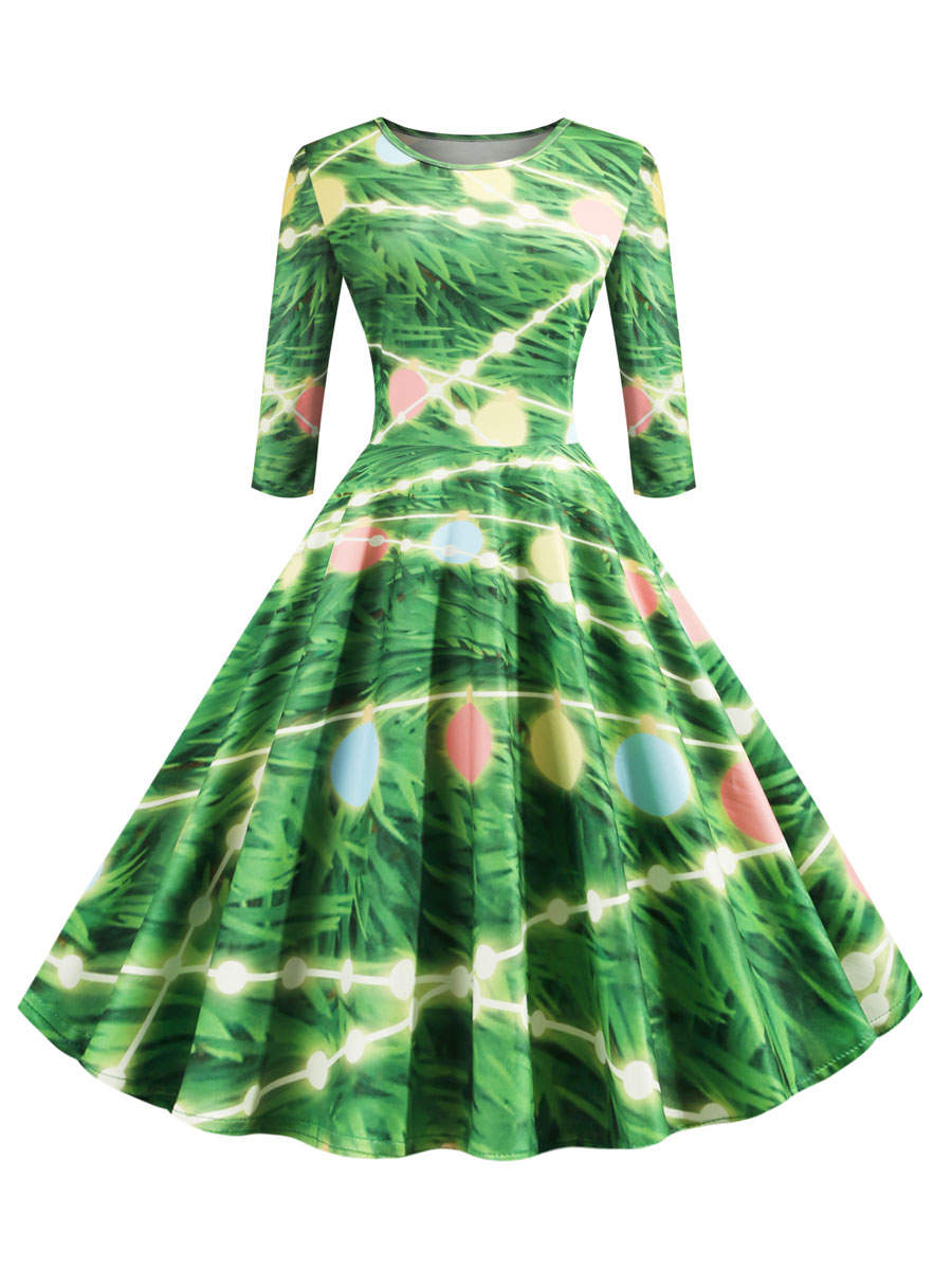 Robe Vintage Année 50 Femme Longue Imprimé Sur Le Thème de NOEL avec Les Rayures Col Rond avec Manches Mi-long Coupe Cintrée Bas Evasée de Soirée Robe Rétro Femme