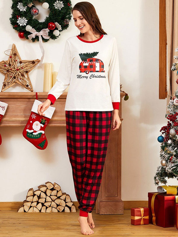 Expectation Wink Furnace Pijamas de Navidad de la familia a juego Conjunto de pantalones superiores  a cuadros de color rojo con mezcla de algodón - Milanoo.com
