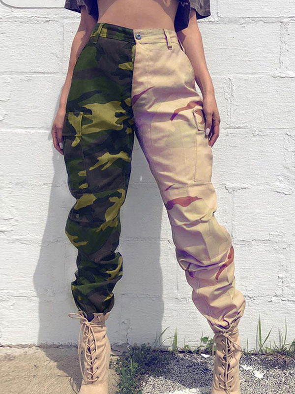 Mom Jeans Camuflaje Caqui Poliéster Pantalones Mujer Pantalones de bolsillo  de cintura alta - Milanoo.com