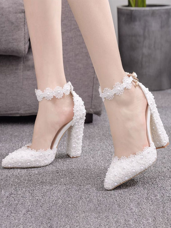 White Evening Shoes High Heel Sandals Leather Pointed Toe Flowers Party ...