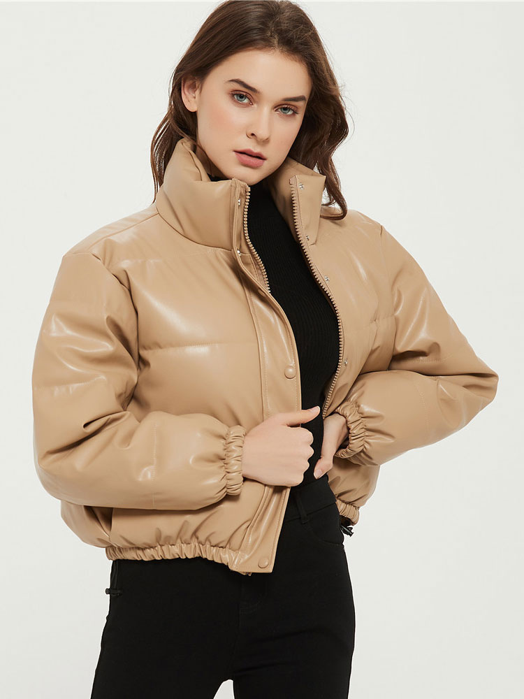 Women's Clothing Outerwear | Women Cotton Jacket Khaki Stand Collar Long Sleeve Leather Warmth Preservation Winter Quilted Coat Cozy Active Outerwear - WC51077