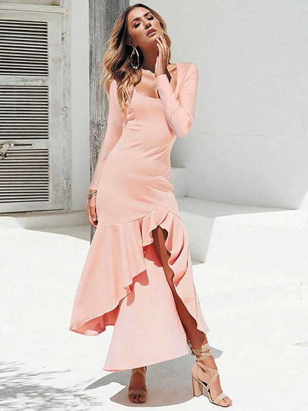 Moda Mujer Vestidos | Vestido LMaxi rosa para mujer, manga larga, cuello cuadrado, mezcla de algodón, vestido largo hasta el suelo irregular - JJ38312